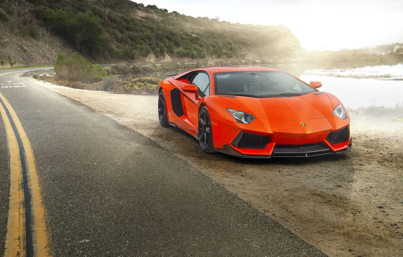 Фото обои Lamborghini, Orange, Car, Sun, LP700-4, Aventador, Road