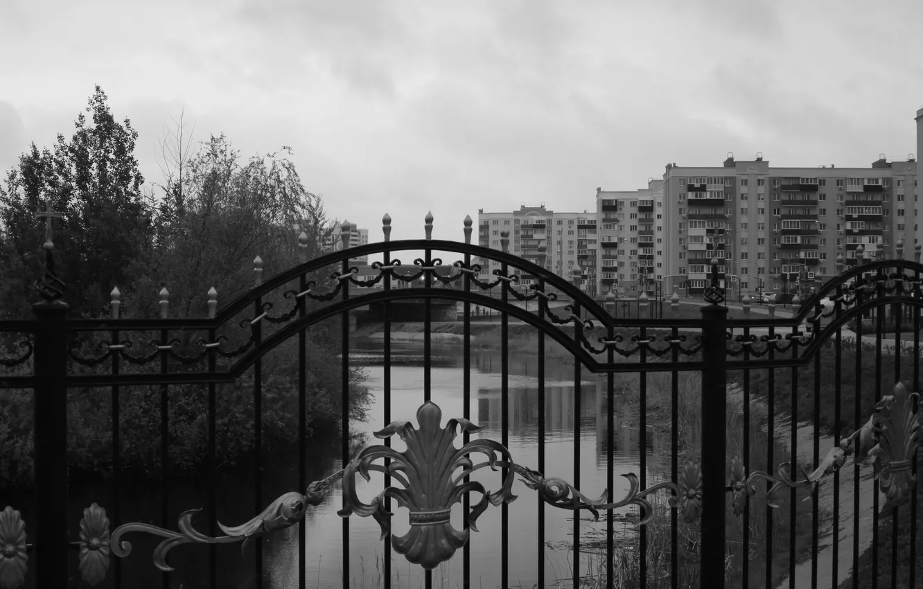 Фото обои небо, деревья, тучи, пасмурно, забор, здания, дома, чёрно-белое