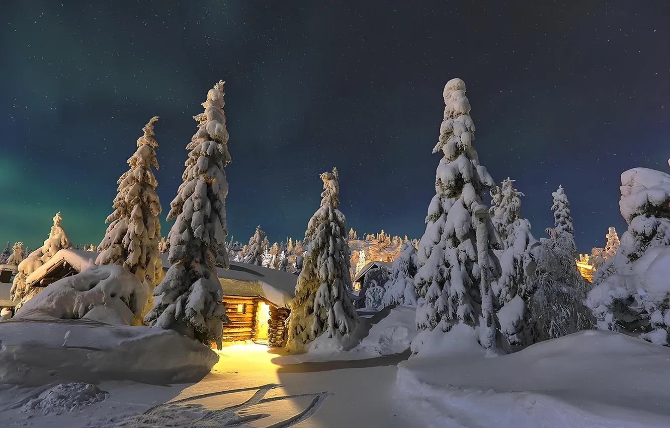 Фото обои Снег, Snow, Northern Lights, Северное Сияние, Winter Night, Зимняя Ночь