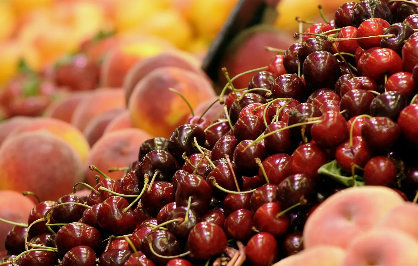 Фото обои ягоды, фрукты, персики, черешня