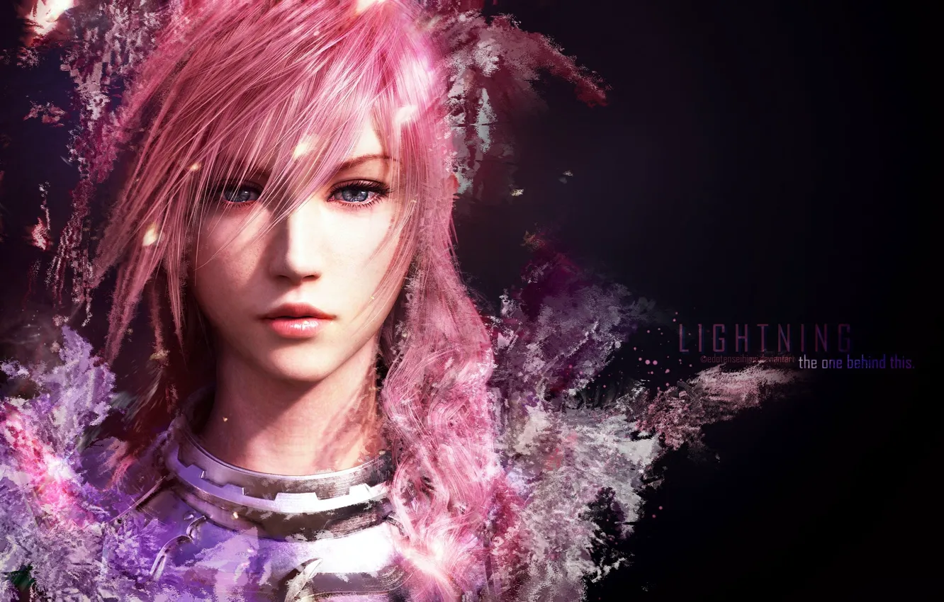 Фото обои лицо, черный фон, Финальная Фантазия, Lightning Farron, портрет девушки, розовые волосы, Final Fantasy 13, 3D