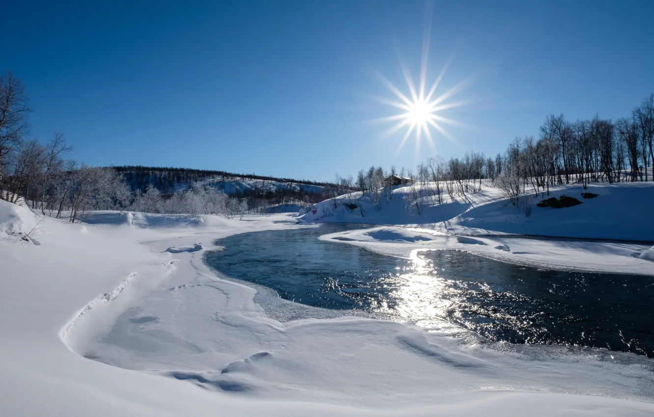 Фото обои зима, солнце, снег, речка