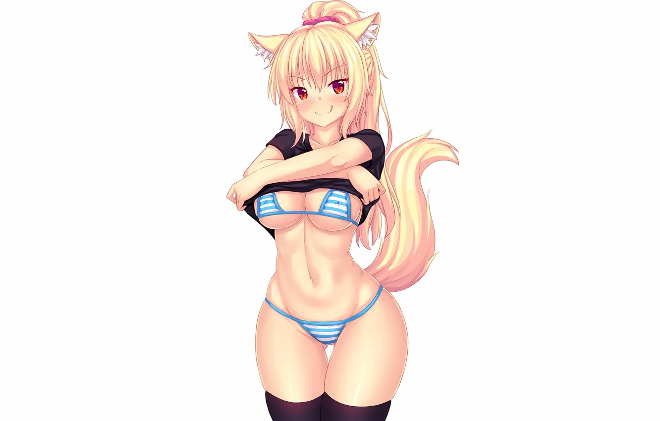Фото обои girl, sexy, cleavage, thighhighs, erect nipples, long hair, boobs, animal ears