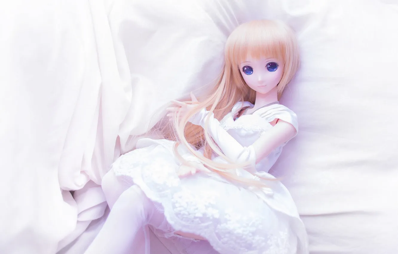 Фото обои белый, игрушка, кукла, аниме, платье, длинные волосы