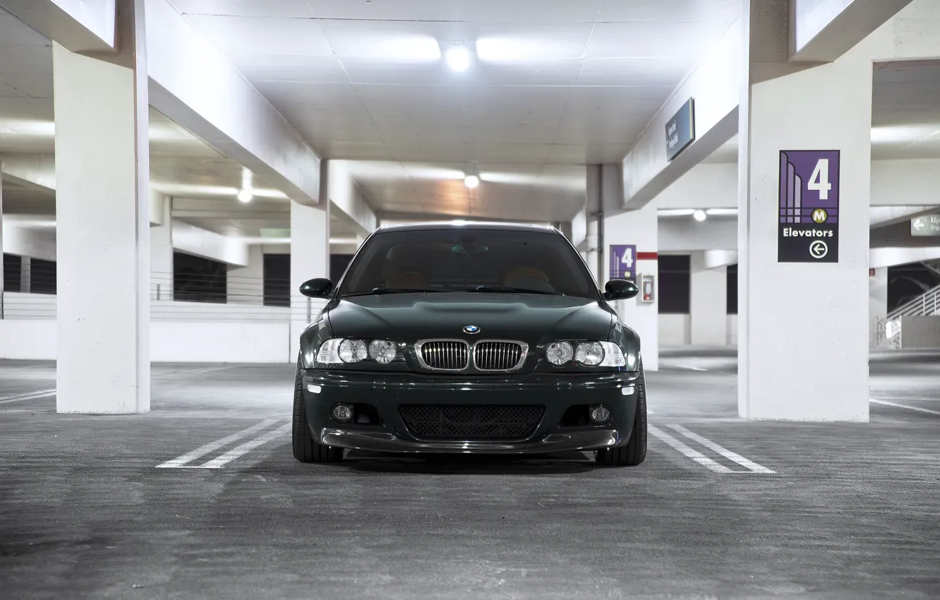 Фото обои BMW, E46, M3, Dark Green, Front View, Headlight.