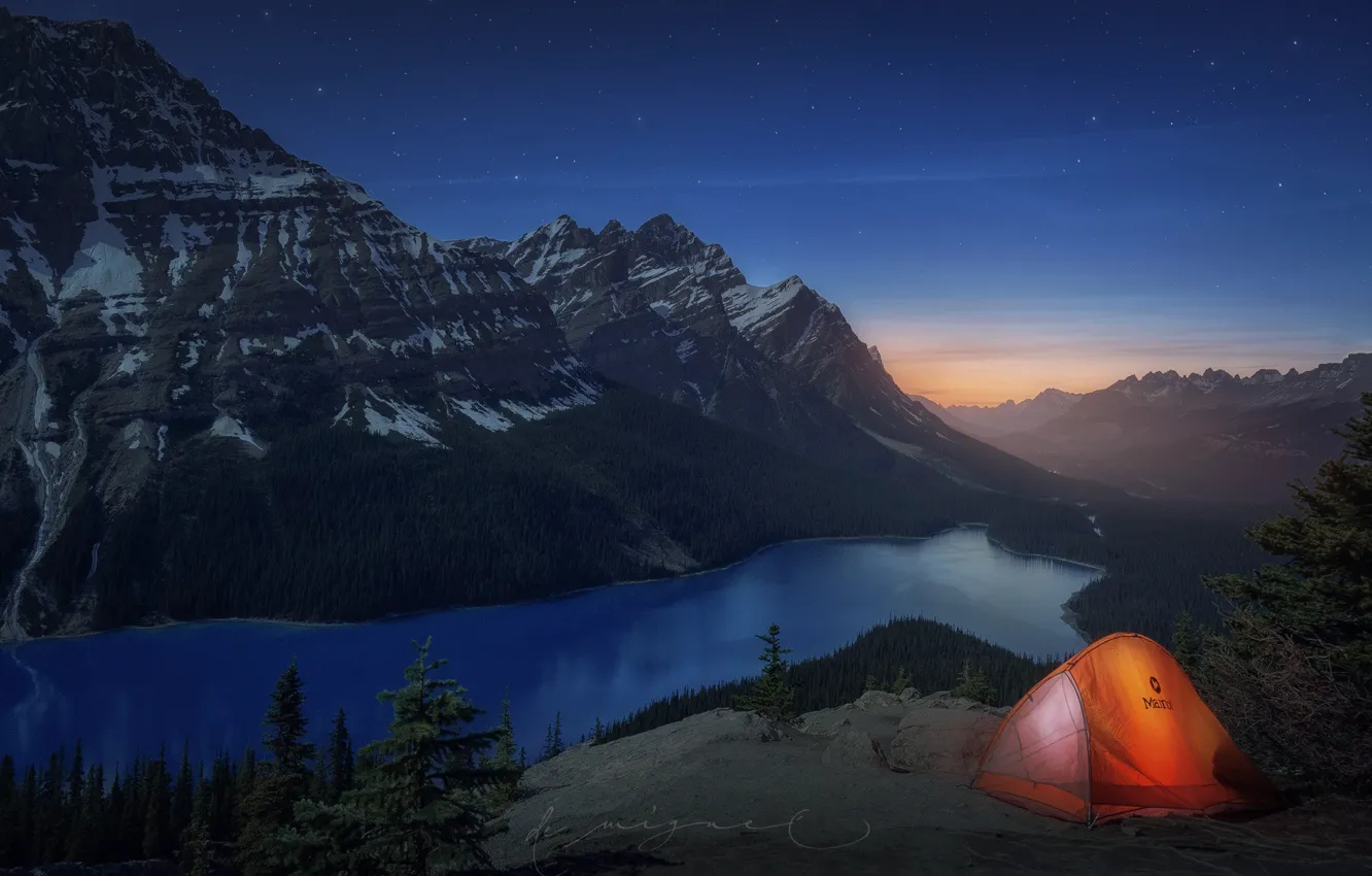 Фото обои горы, озеро, скалы, вечер, Канада, палатка, Альберта