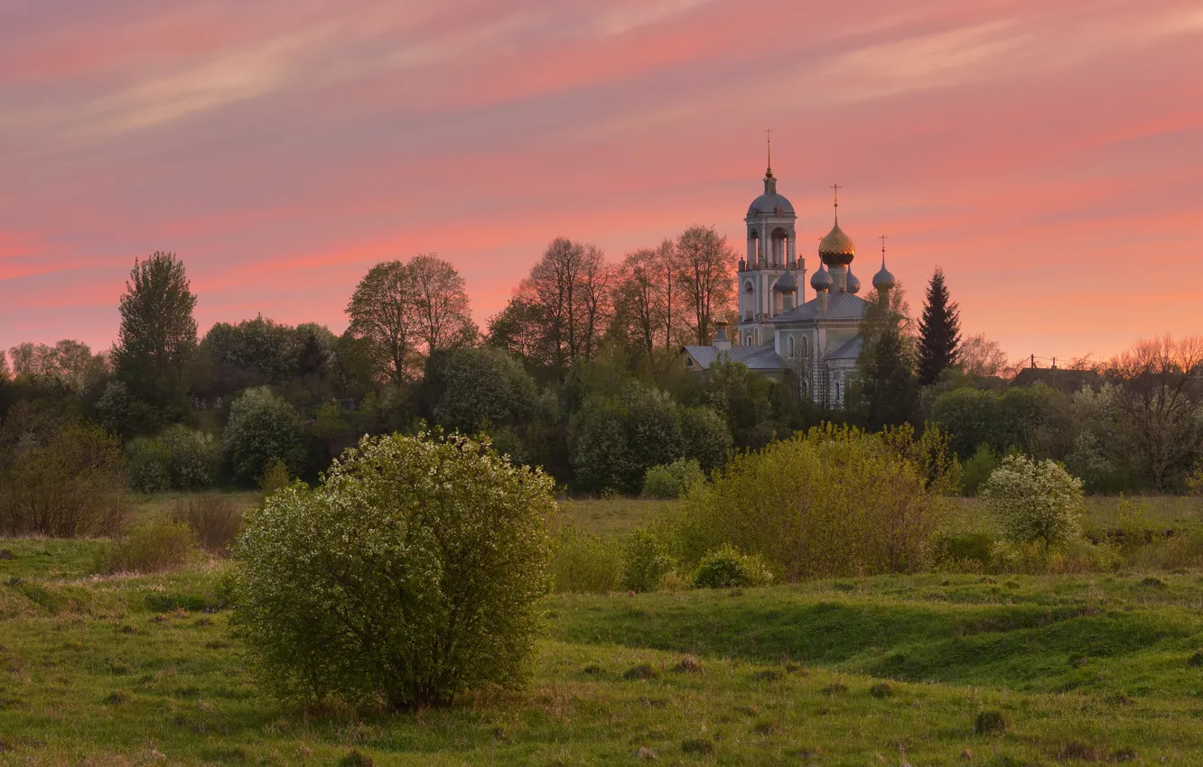 Фото обои закат, природа, весна, вечер, церковь, Максим Евдокимов