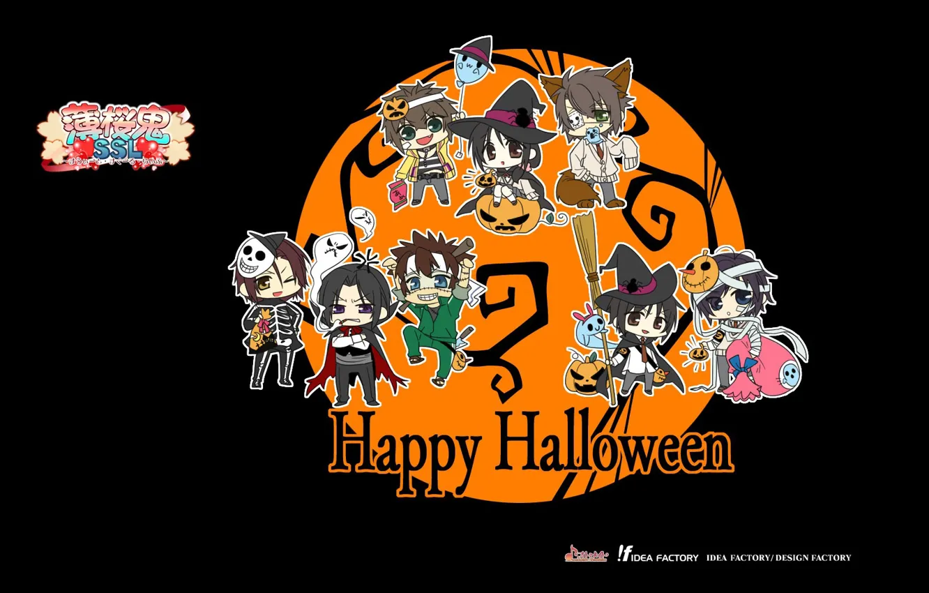 Фото обои персонажи, happy halloween, chizuru yukimura, hakuouki shinsengumi kitan, чибики, hijikata toushirou, isao kondou, shinpachi shimura