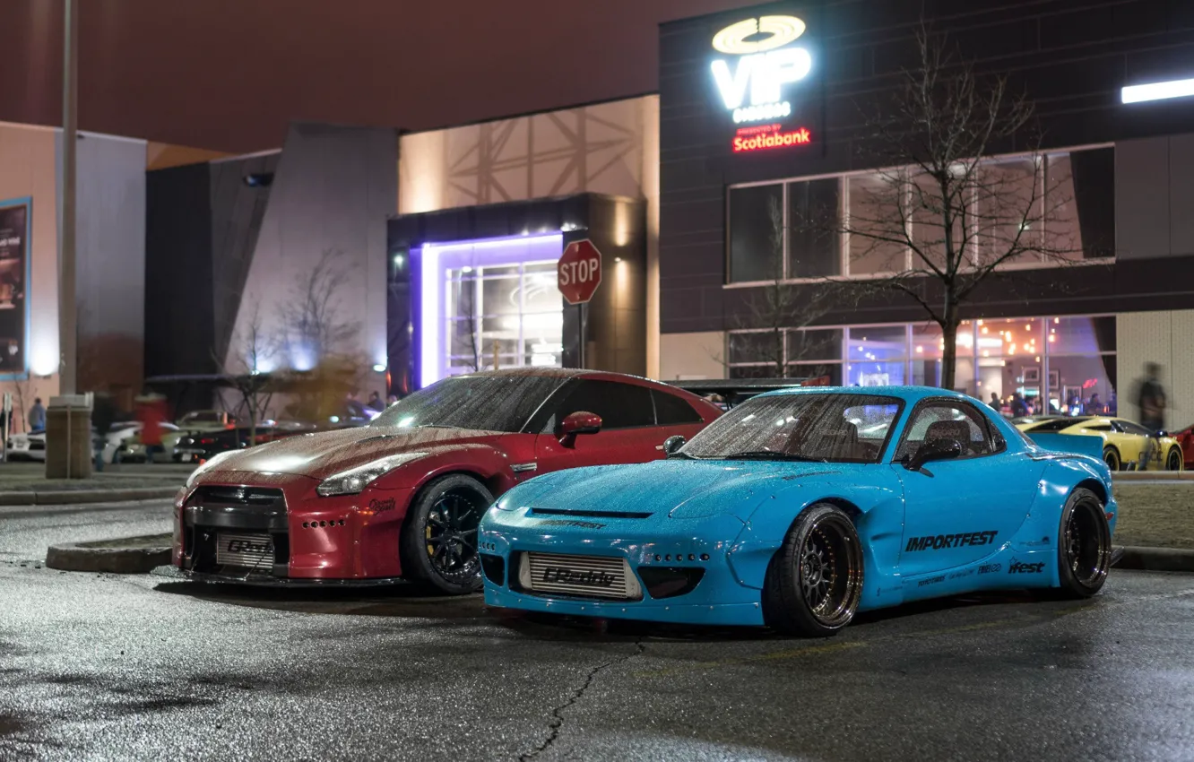 Фото обои City, Mazda, Cars, Rain, RX-7, Nissan GT-R, Mazda RX-7 widebody