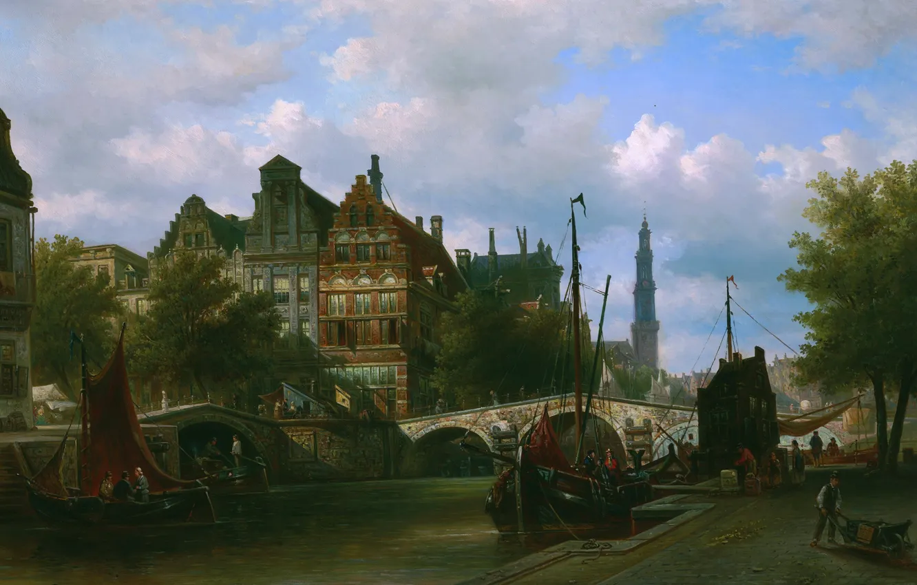 Фото обои Дома, Мост, Люди, Картина, Голландский художник, Elias Pieter van Bommel, Элиас Питер ван Боммель, Вид …