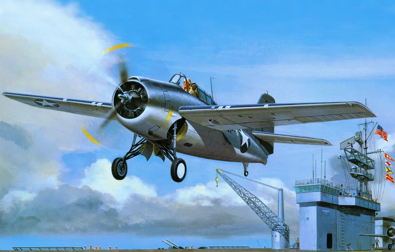 Фото обои арт, авианосец, американский, Grumman, истребитель-бомбардировщик, палубный, вылет, F4F