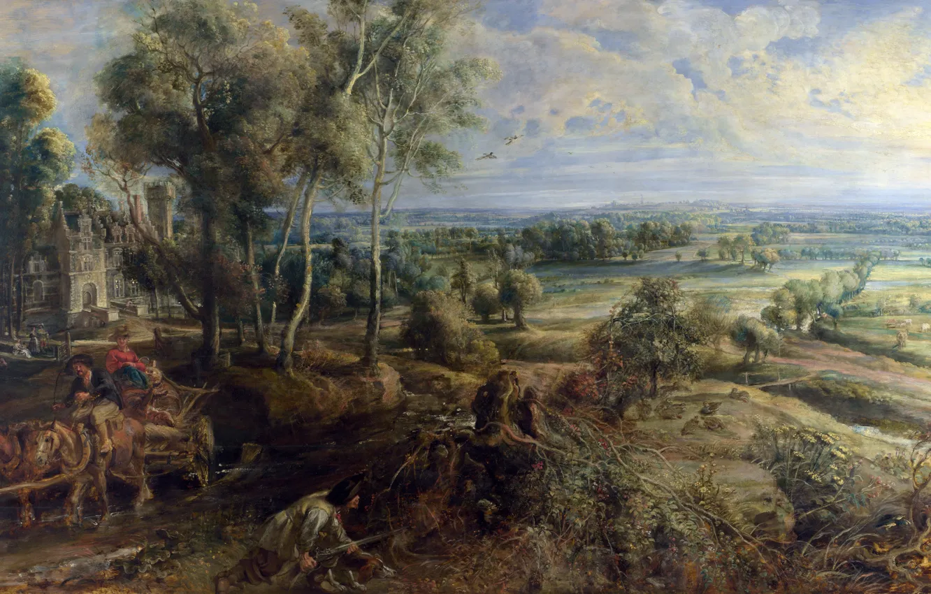 Фото обои картина, Питер Пауль Рубенс, Pieter Paul Rubens, Осенний Пейзаж с Видом на Замок Стен Ранним …