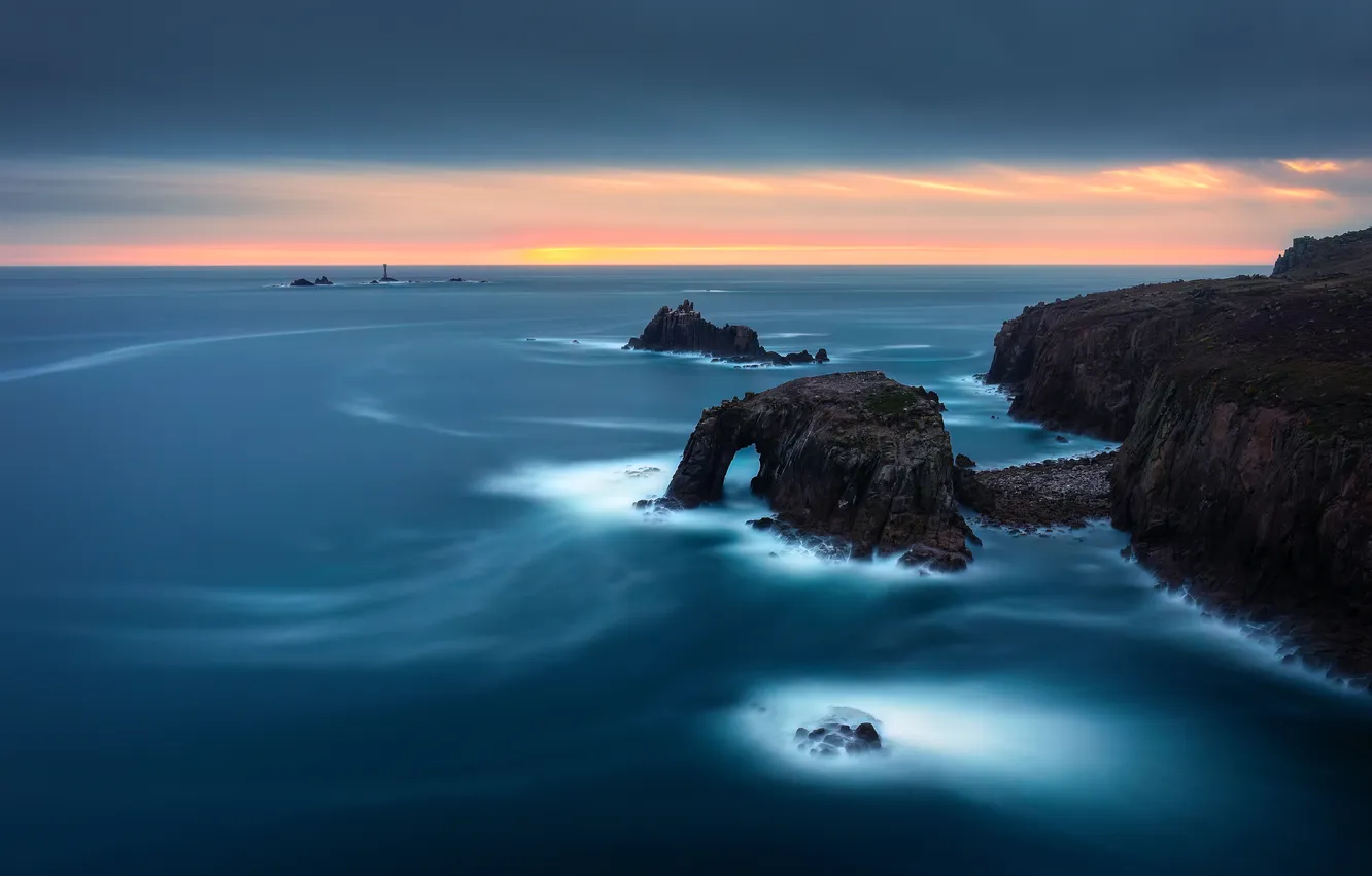Фото обои море, закат, берег, England, Sennen