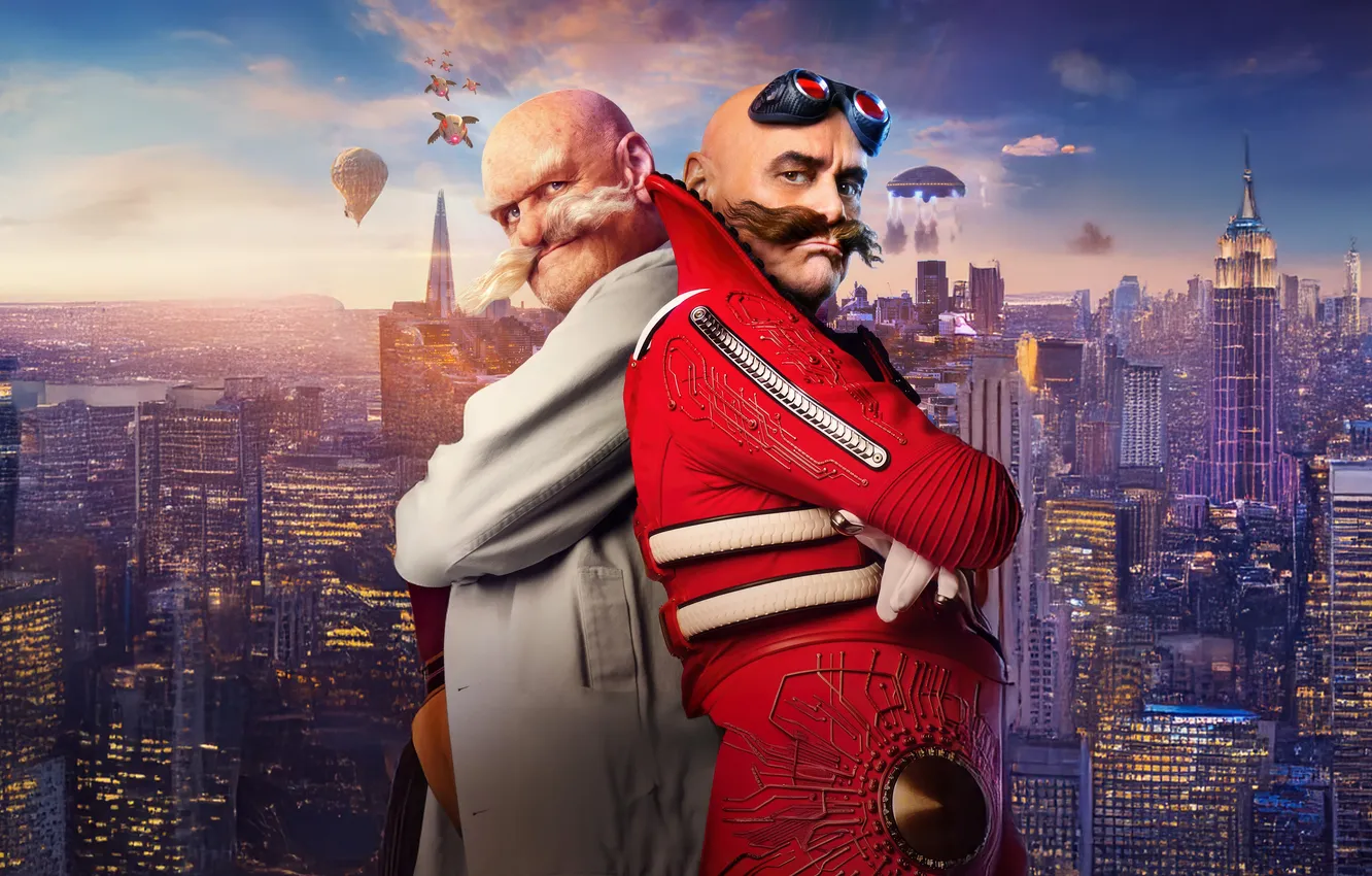 Фото обои усы, взгляд, город, поза, Джим Керри, Jim Carrey, двое, Sonic the Hedgehog