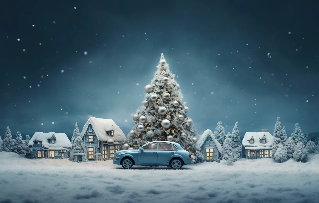 Фото обои зима, car, машина, снег, шары, елка, Новый Год, деревня