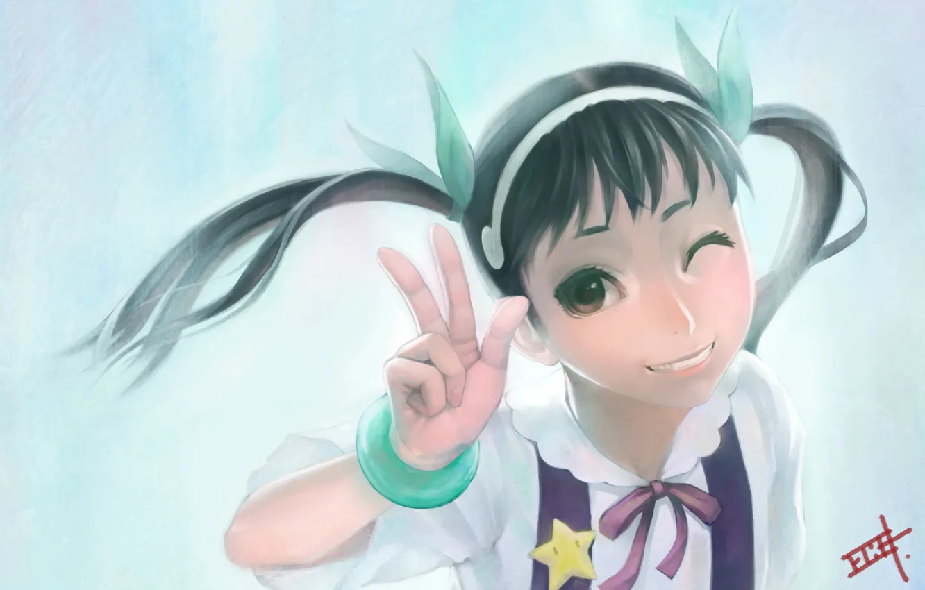 Фото обои улыбка, арт, девочка, браслет, школьная форма, bakemonogatari, подмигивает, gamerag