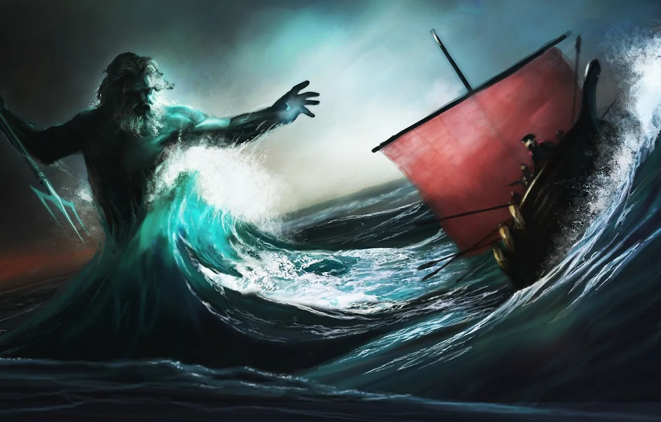 Фото обои море, волны, шторм, корабль, парусник, трезубец, битва, посейдон