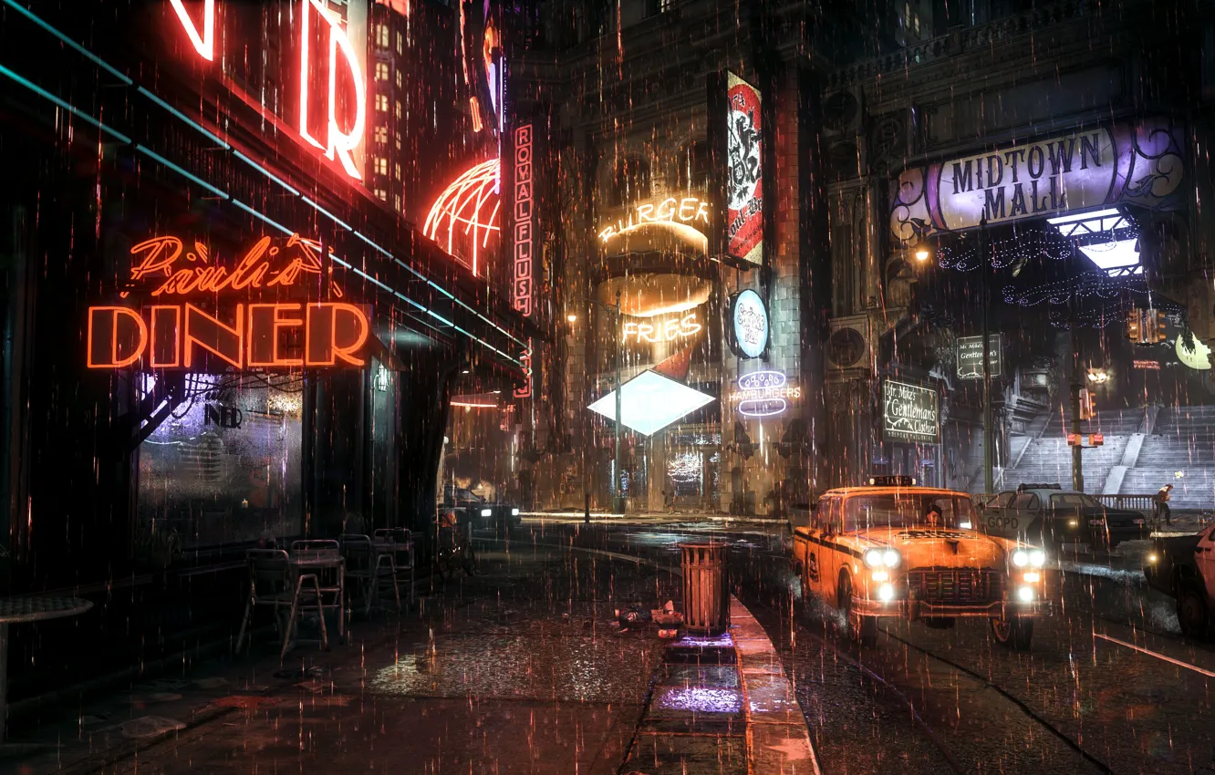 Фото обои город, дождь, Rocksteady Studios, Batman Arkham Knight