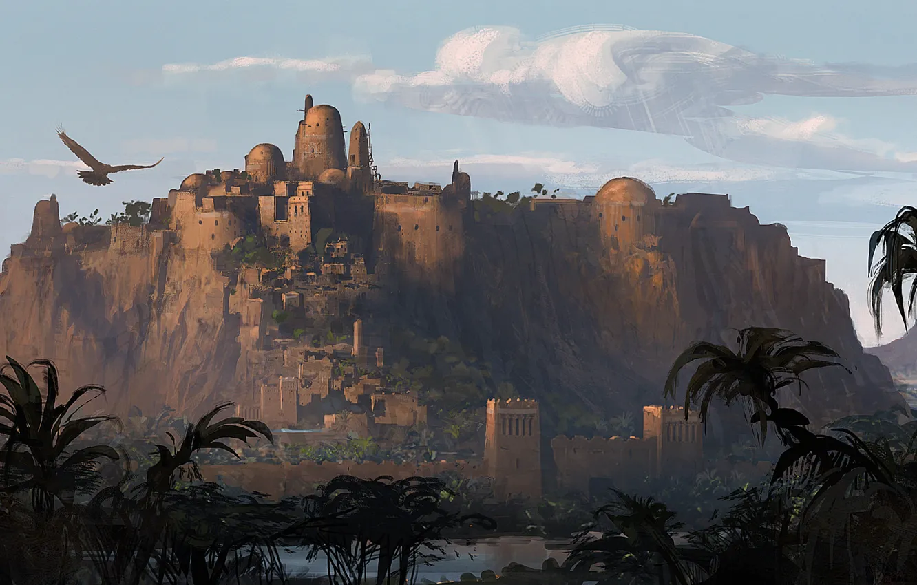 Фото обои город, орел, здание, вечер, крепость, египет, Assassin's Creed Origins