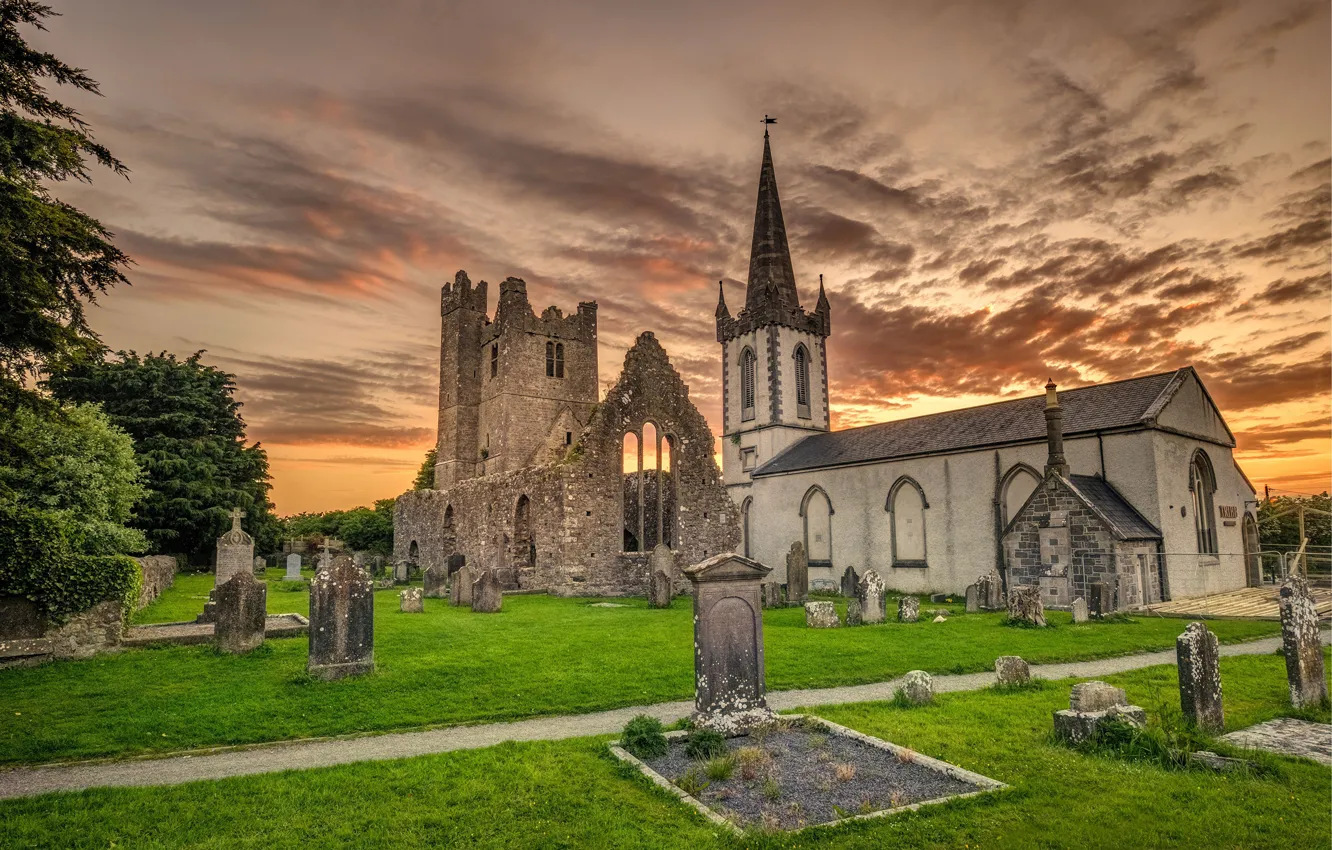 Фото обои руины, Ирландия, Ruins, Irelan, Evening Monastery, абатство, Duleek Abbey, средневековой строение