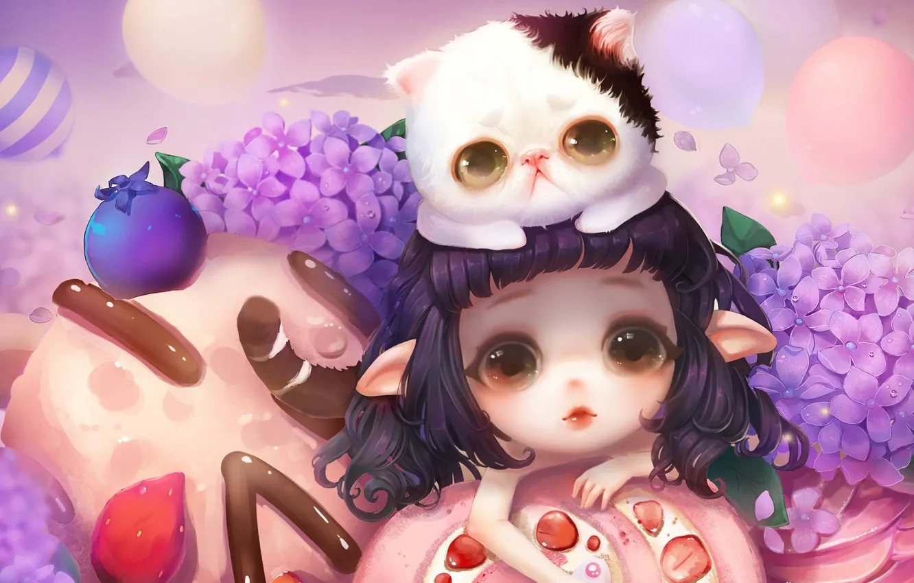 Фото обои цветы, аниме, арт, девочка, котёнок, вкусняшки, milkyu dong, Lolita cake and cat