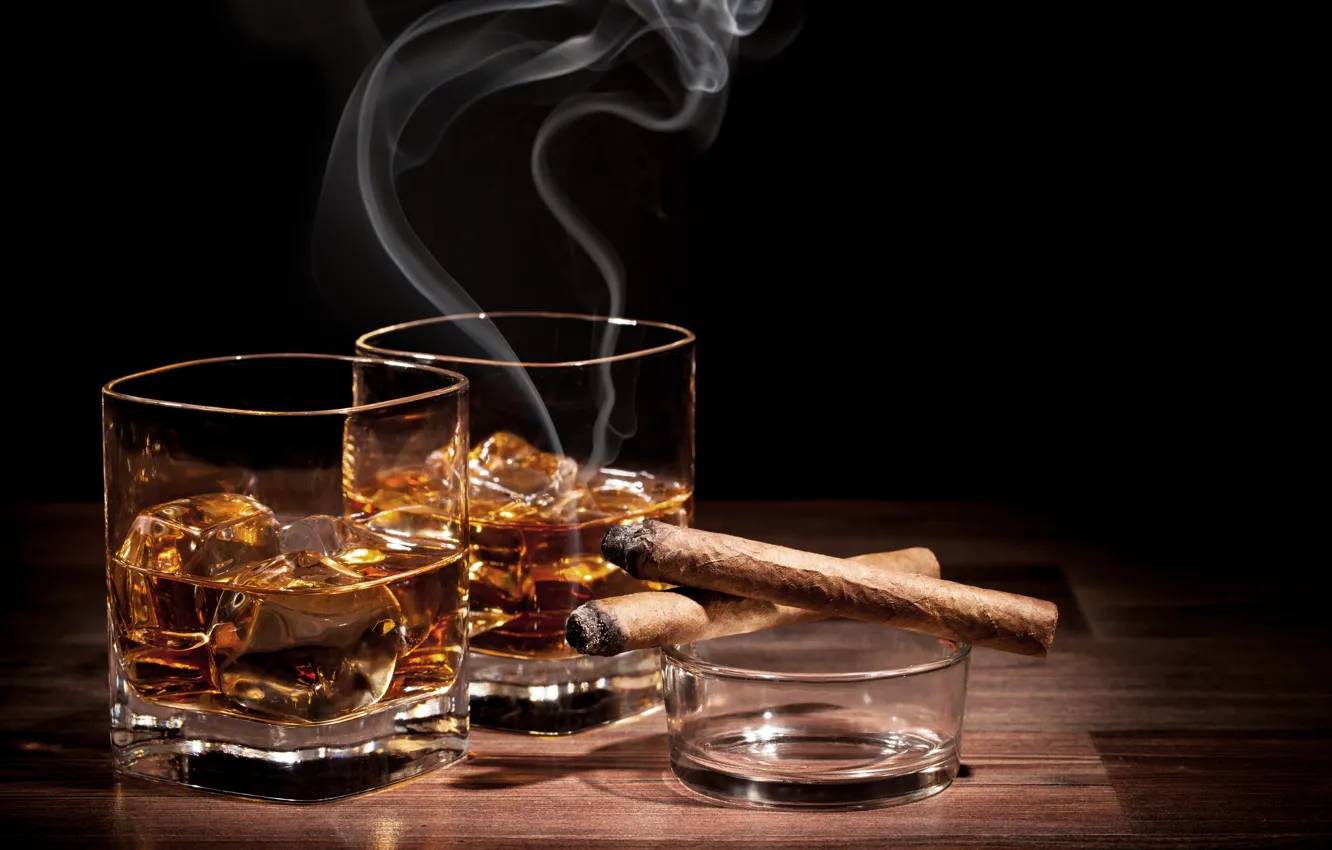 Фото обои лед, стакан, сигара, ice, виски, cigar, a glass of whiskey