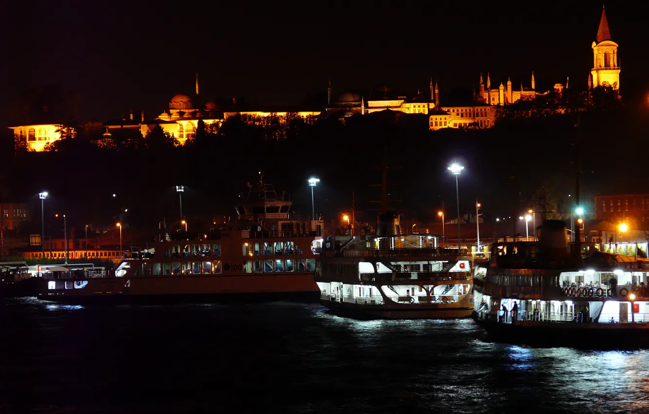 Фото обои ночь, корабль, дворец, ship, стамбул, istanbul, Topkapi Palace