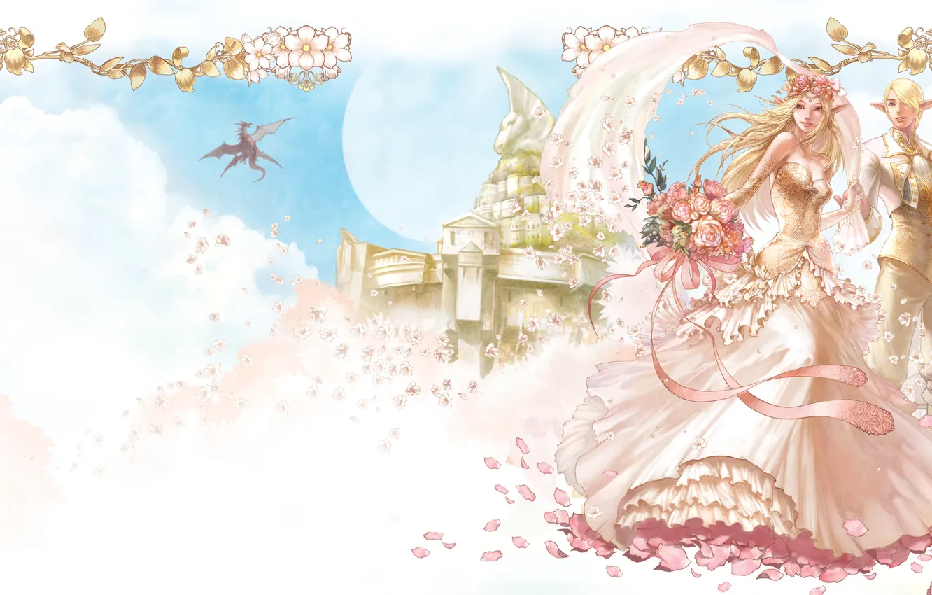 Фото обои девушка, цветы, замок, дракон, букет, платье, эльфы, парень