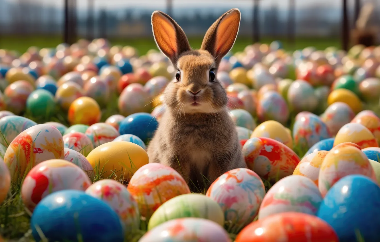 Фото обои праздник, яйца, весна, кролик, Пасха, зайчик, крашеные, пасхальный