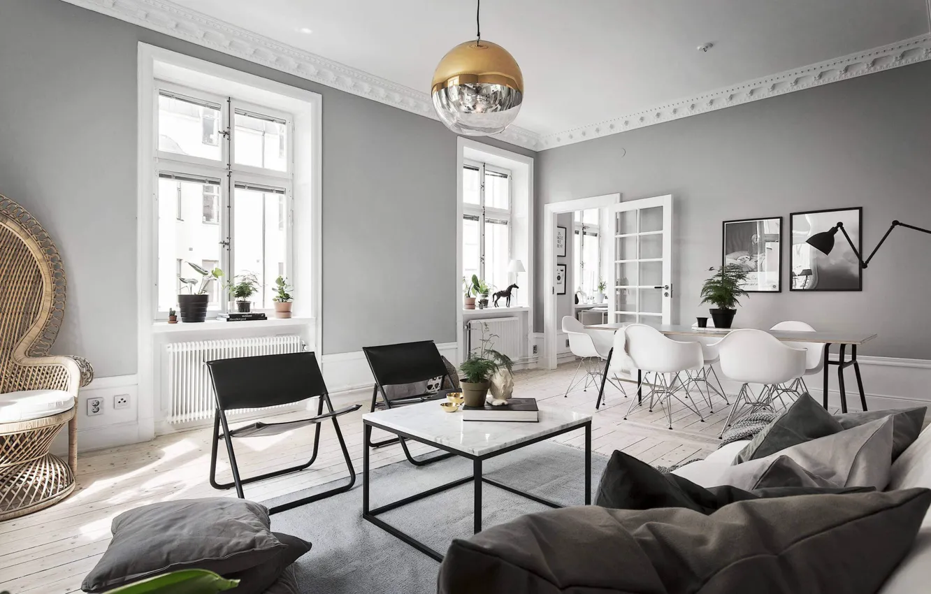 Фото обои интерьер, гостиная, столовая, скандинавский стиль, Apartment in Stockholm