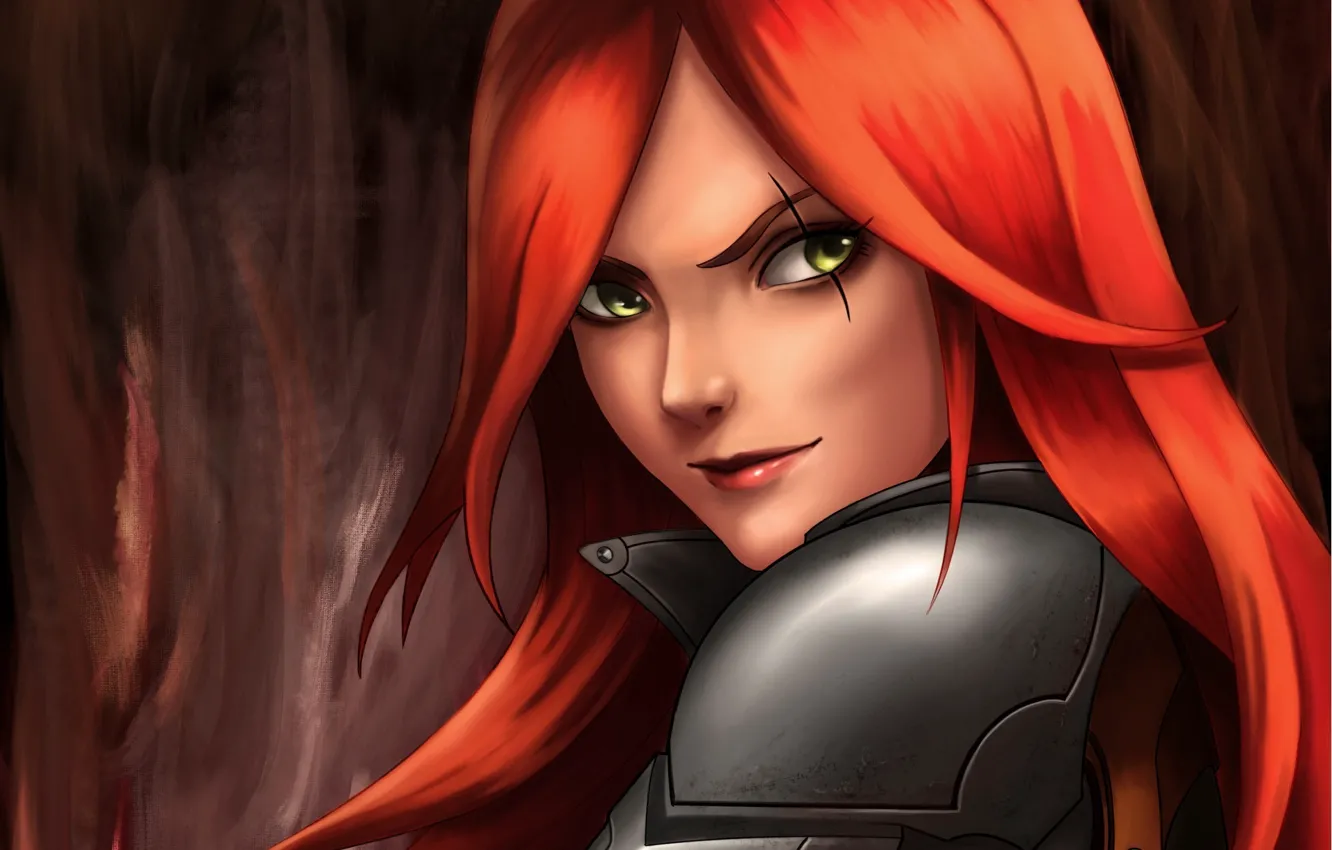 Фото обои взгляд, арт, League of Legends, Katarina, красные волосы