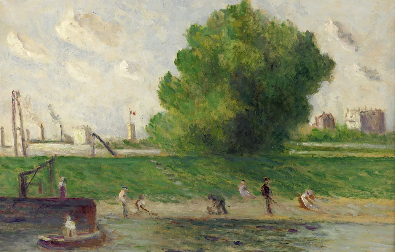Фото обои пейзаж, картина, 1930, Максимильен Люс, Maximilien Luce, Пригород Парижа. Берег Сены