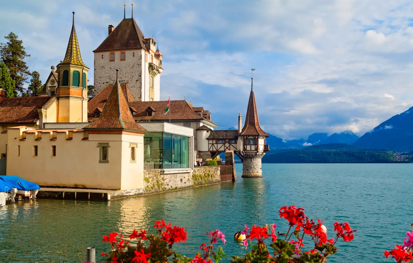 Фото обои облака, пейзаж, цветы, горы, природа, Швейцария, Замок Оберхофен, Тунское озеро