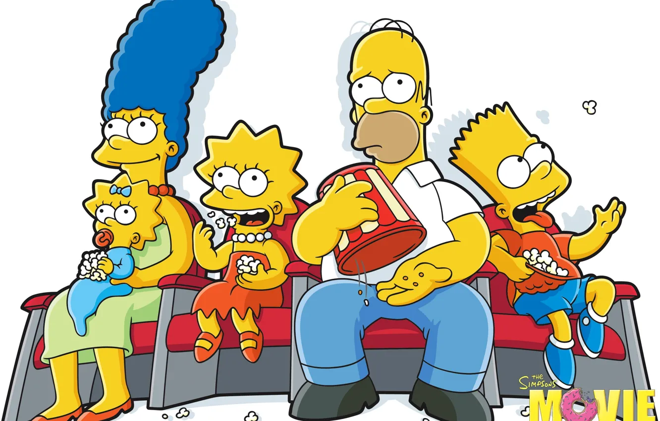 Фото обои Maggie, Simpsons, Homer, Lisa, Marge, Попкорн, Bart