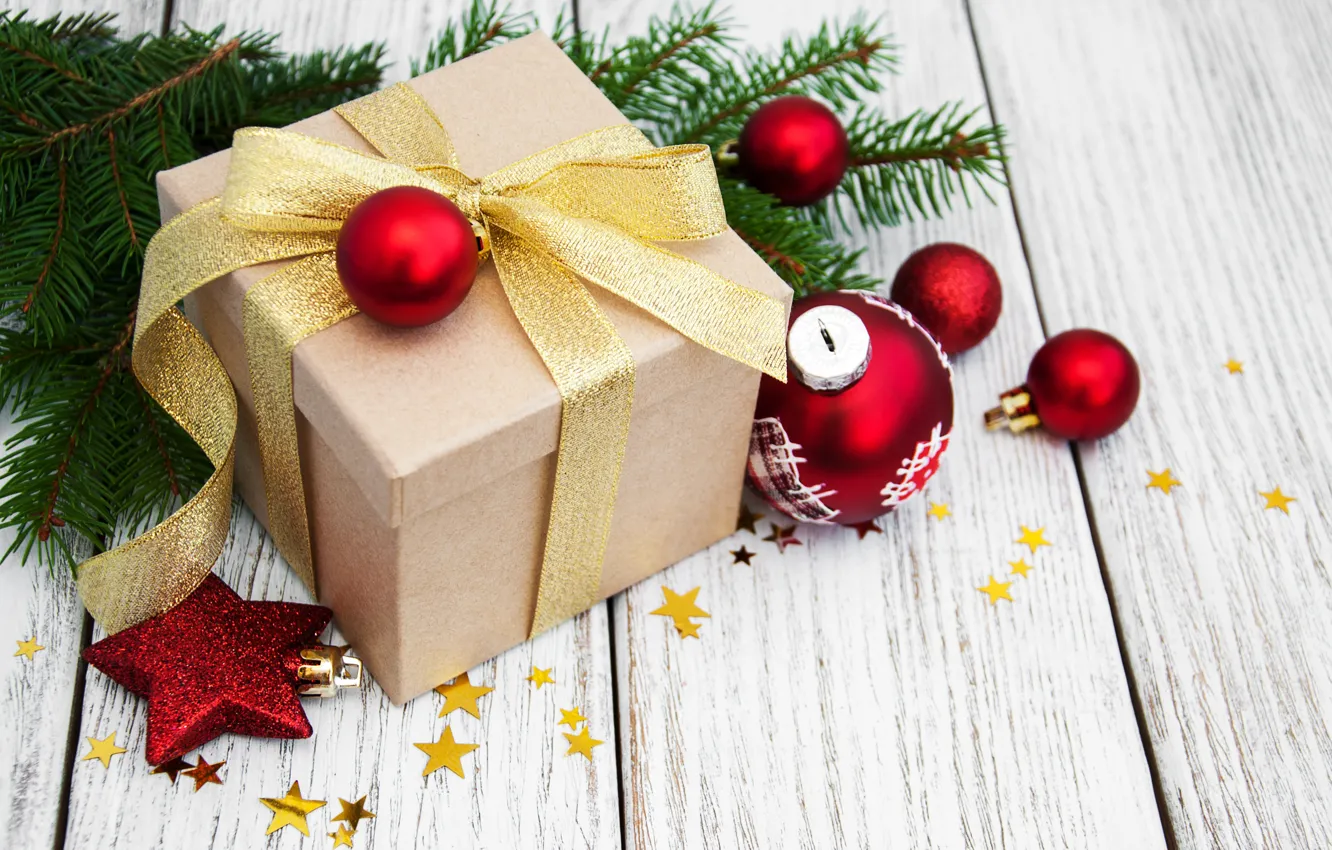 Фото обои украшения, подарок, шары, Новый Год, Рождество, christmas, balls, wood