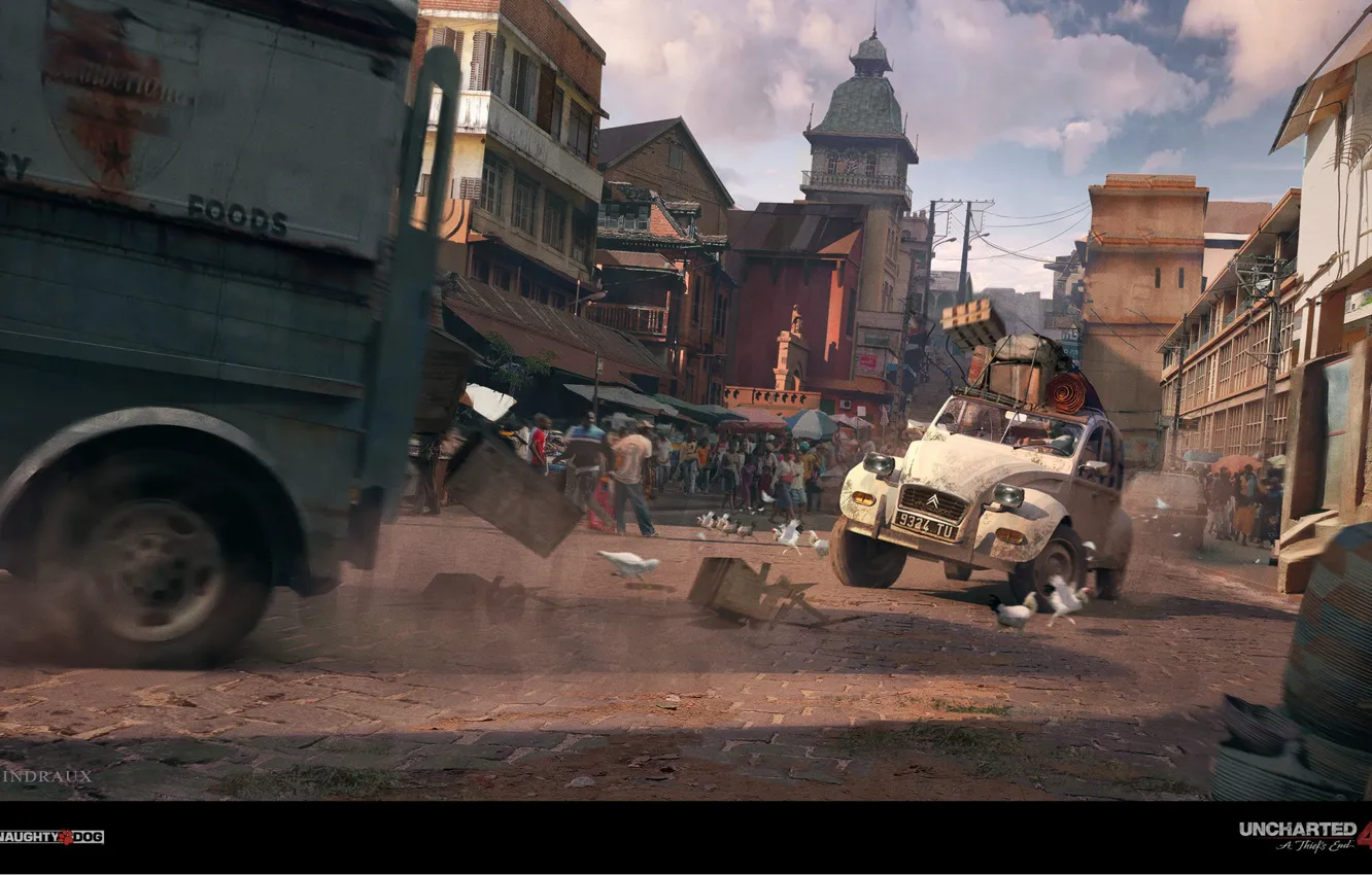 Фото обои город, улица, погоня, Uncharted 4, Car Chase