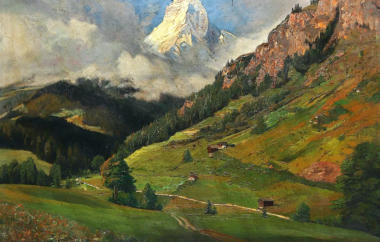 Фото обои Дома, Горы, Деревья, Картина, Alois Arnegger, Алоис Арнеггер, Австрийский живописец, Вид на Маттерхорн