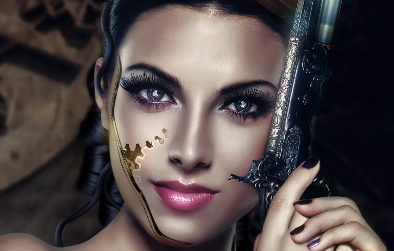 Фото обои глаза, взгляд, девушка, лицо, оружие, узоры, волосы, арт