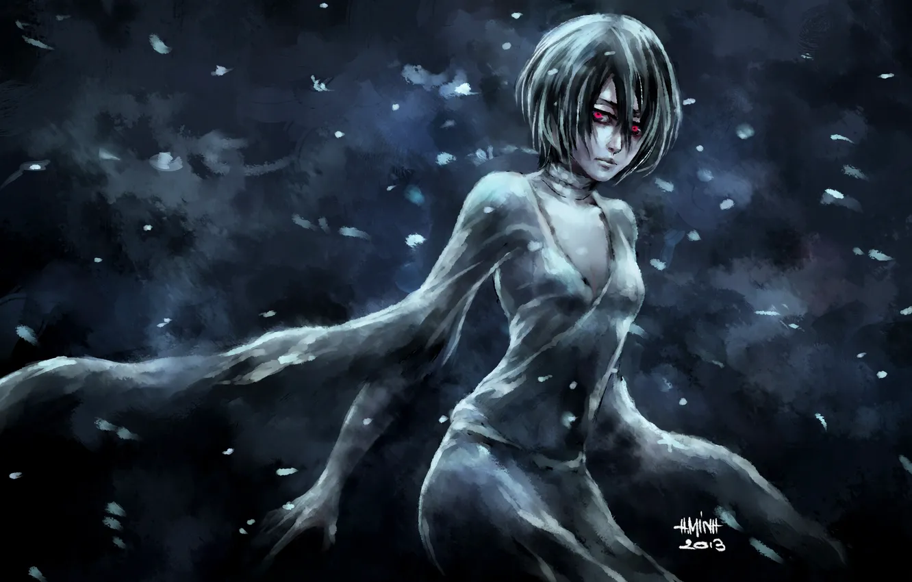 Фото обои холод, взгляд, девушка, тьма, печаль, лепестки, Bleach, Блич