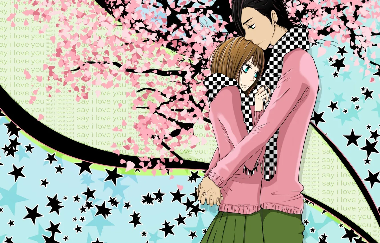Фото обои девушка, цветы, абстракция, сакура, объятия, парень, звездочки, tachibana mei