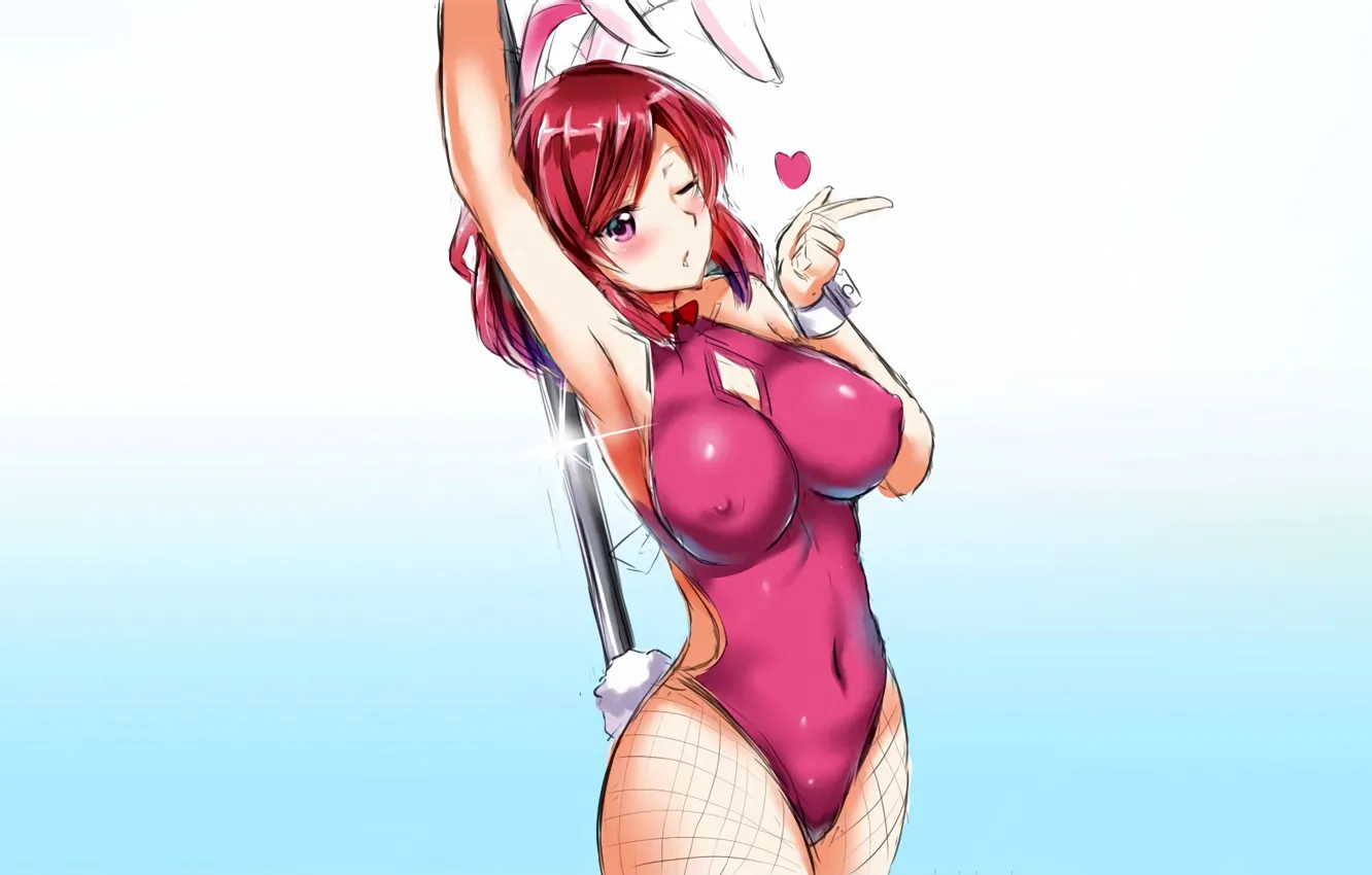 Фото обои girl, sexy, cleavage, erect nipples, red hair, boobs, anime, beautiful