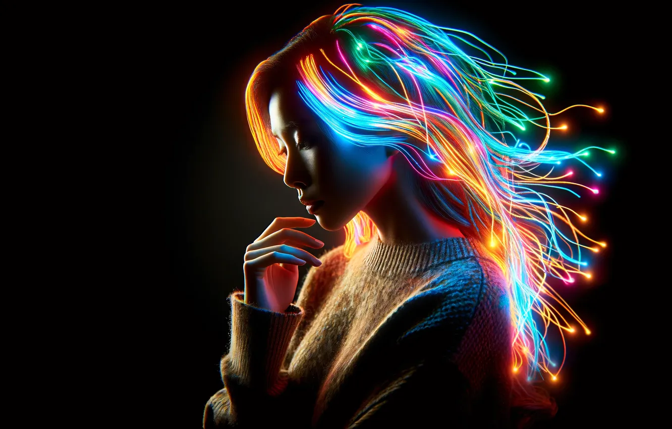 Фото обои Girl, Glow, Neon, Face, Hair, AI Art, Amoled