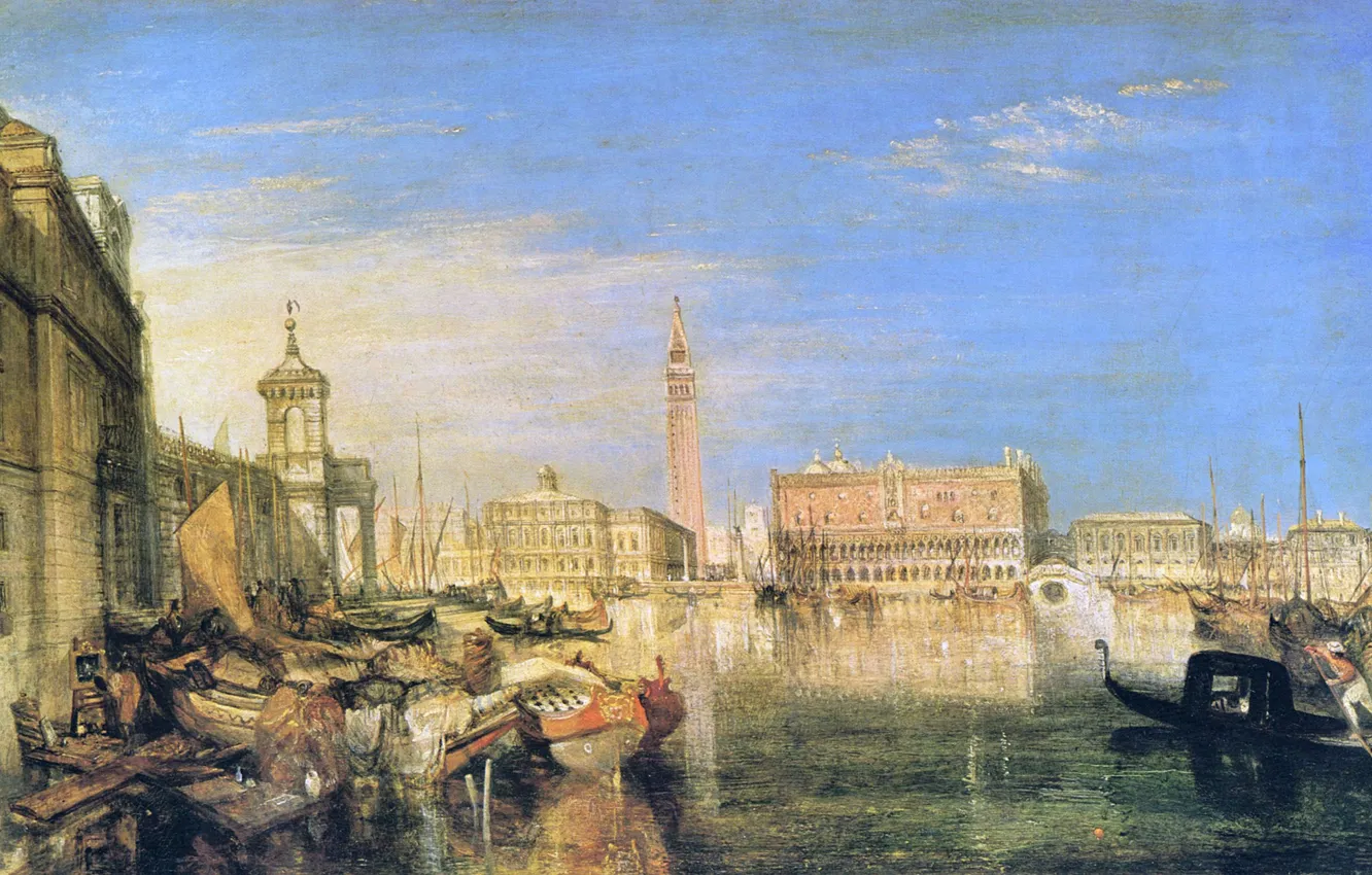 Фото обои море, башня, дома, картина, лодки, Венеция, городской пейзаж, колокольня
