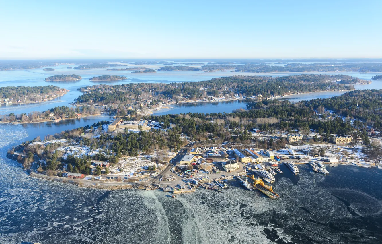 Фото обои зима, природа, город, озеро, фото, остров, Швеция