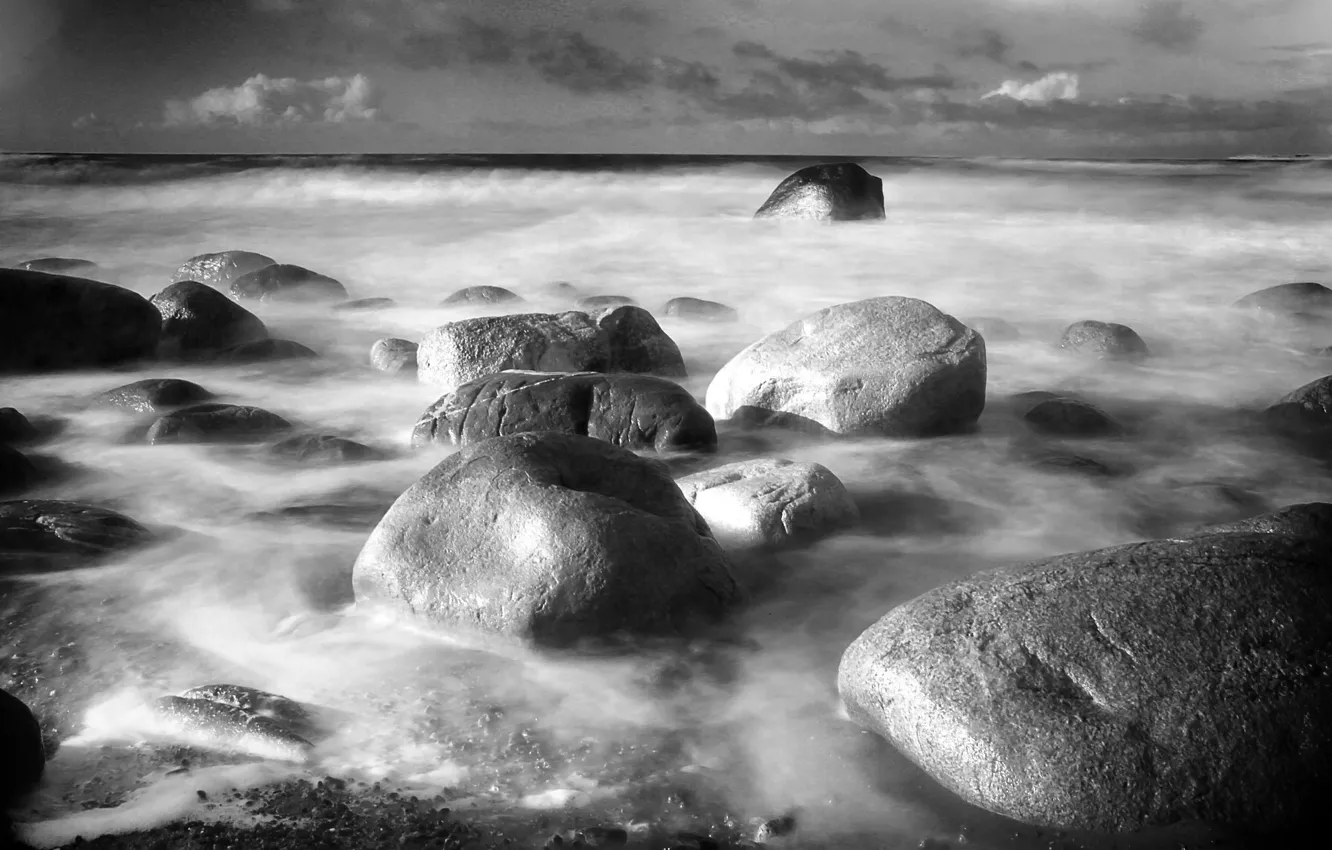 Фото обои море, волны, пляж, камни, waves, beach, sea, stones