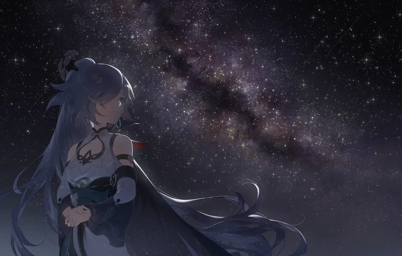 Фото обои небо, девушка, ночь, млечный путь, Honkai Impact 3, Azure Empyrea