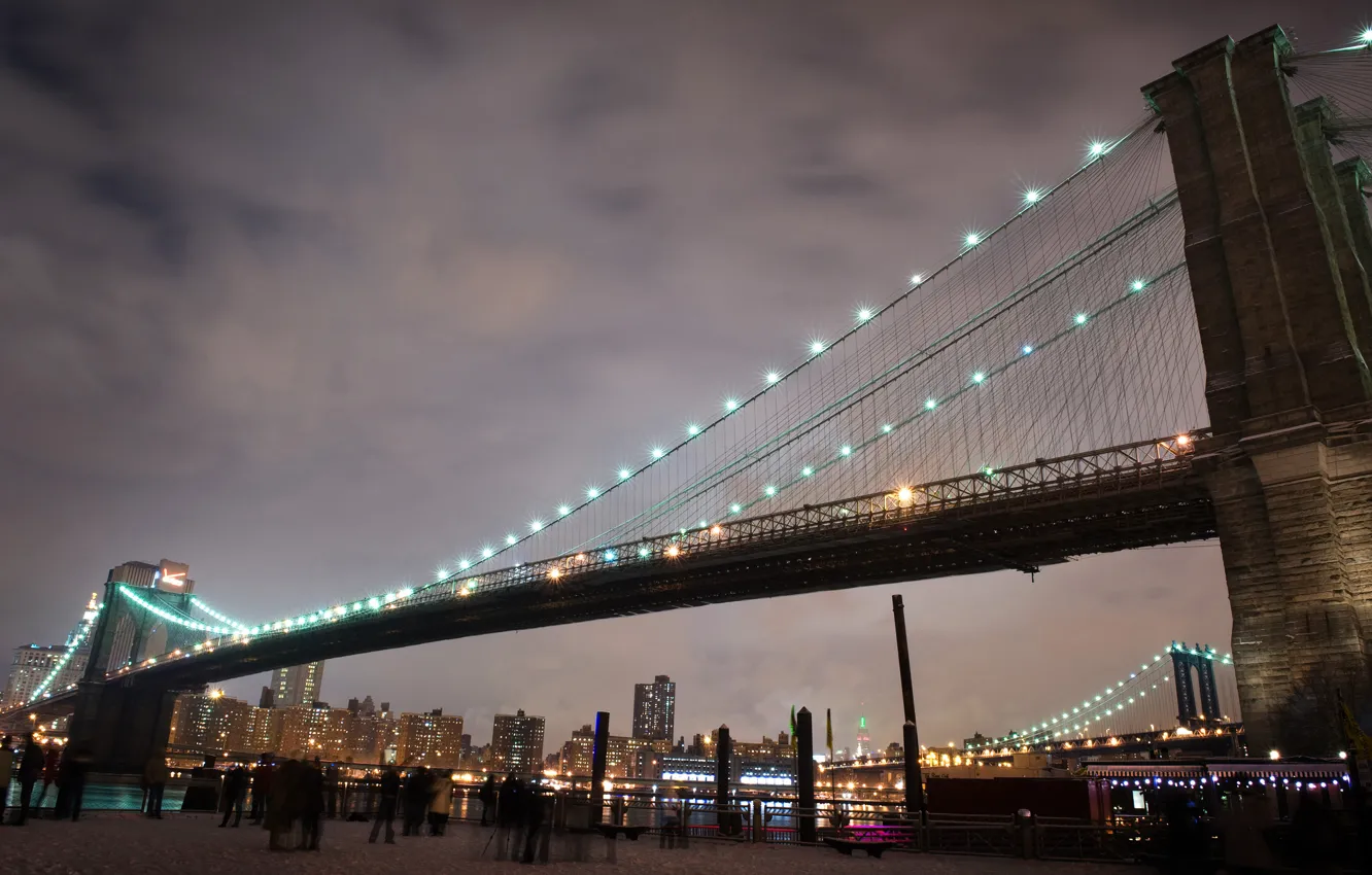 Фото обои Нью-Йорк, Огни, Мост, Люди
