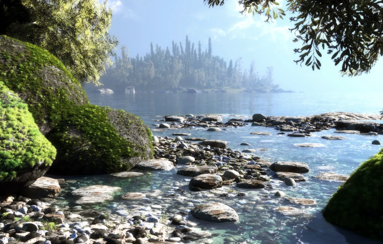 Фото обои море, вода, деревья, природа, озеро, камни, остров, мох
