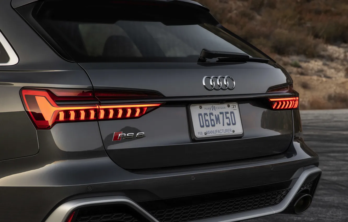 Фото обои Audi, универсал, задние фонари, корма, RS 6, 2020, 2019, тёмно-серый