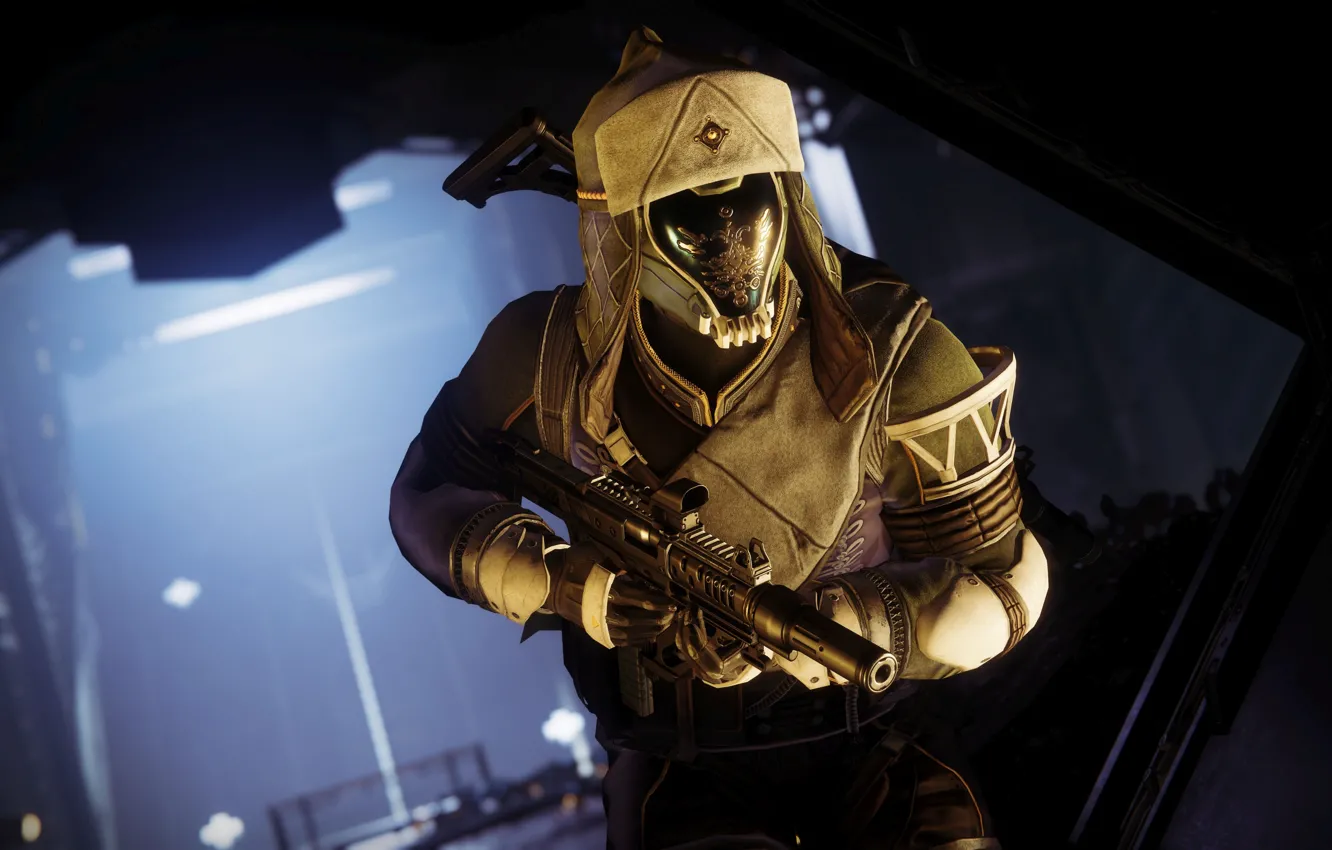 Фото обои оружие, фон, шапка, солдат, шлем, экипировка, пулемёт, Destiny 2